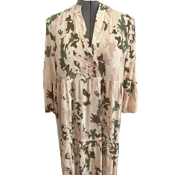 Womens Italian Made Pink Camo Maxi Dress Bell Sleeves 100% Viscose Size Large - Picture 2 of 7